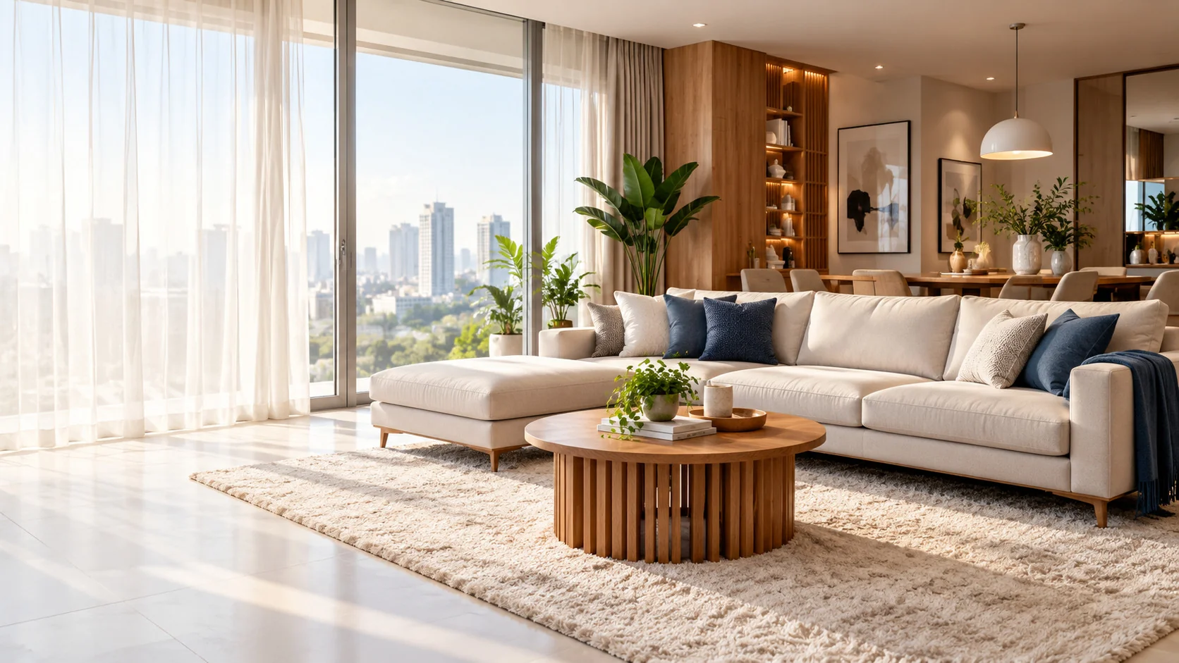 Ruang tamu modern dengan sofa dan meja kayu